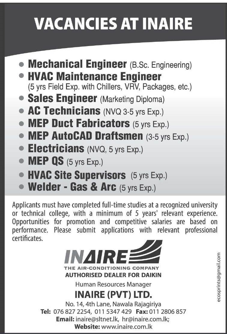 Mechanical Engineer, Sales Engineer - Inaire (Pvt) Ltd
