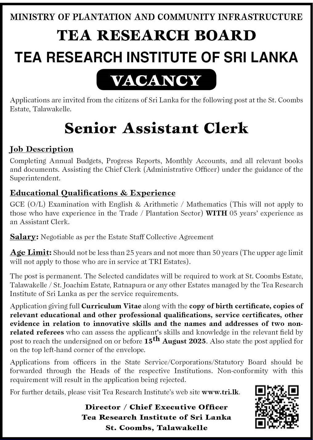 Senior Assistant Clerk - Sri Lanka Tea Research Board