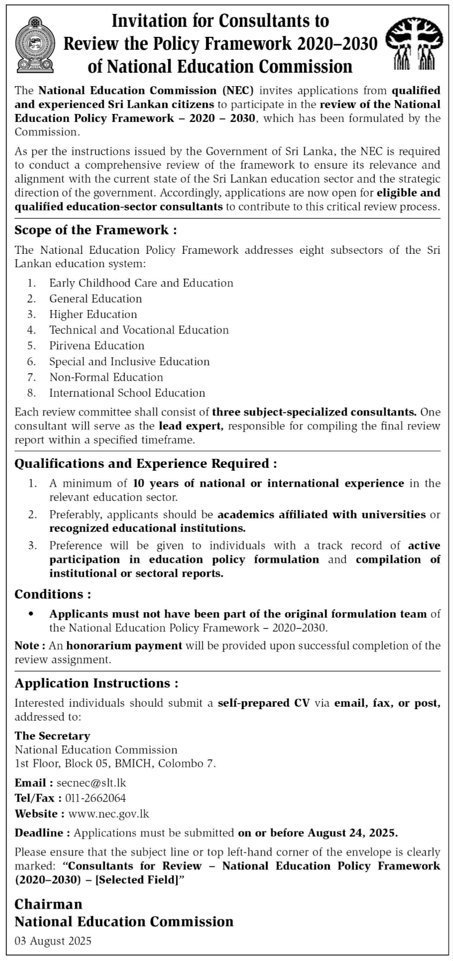 Consultant - National Education Commission
