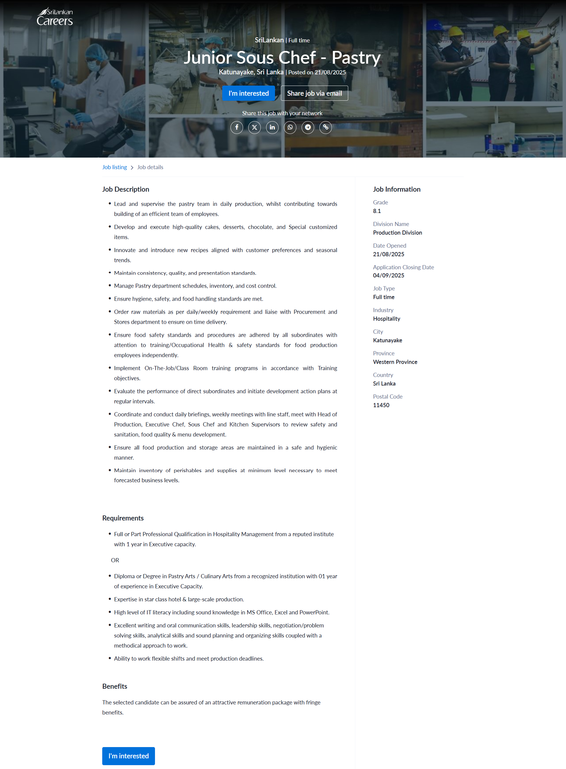 Junior Sous Chef - Sri Lankan Catering (Pvt) Ltd