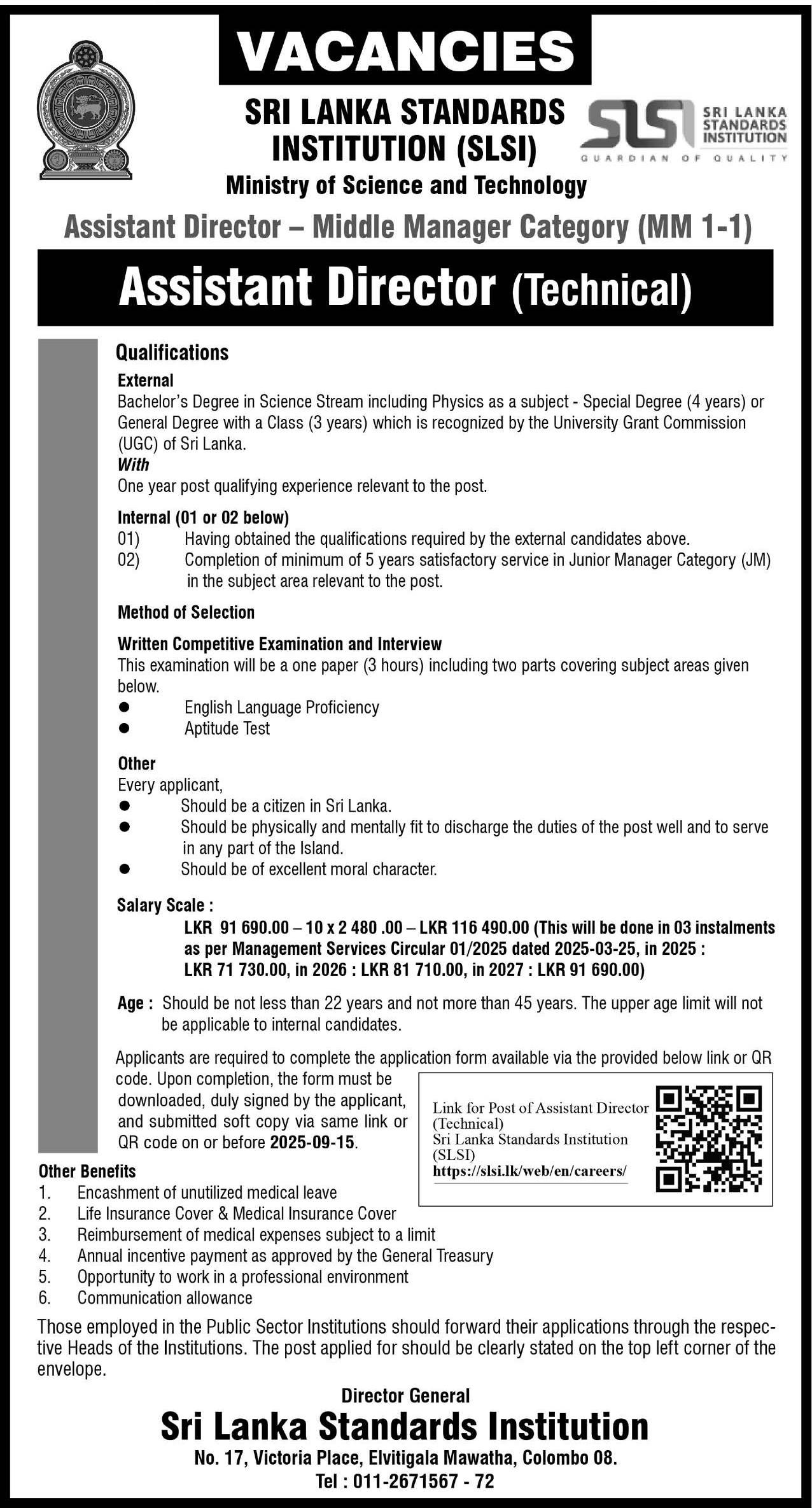 Assistant Director - Sri Lanka Standards Institution