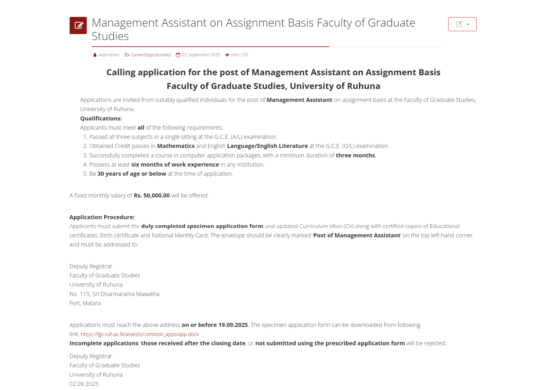 Management Assistant - University of Ruhuna