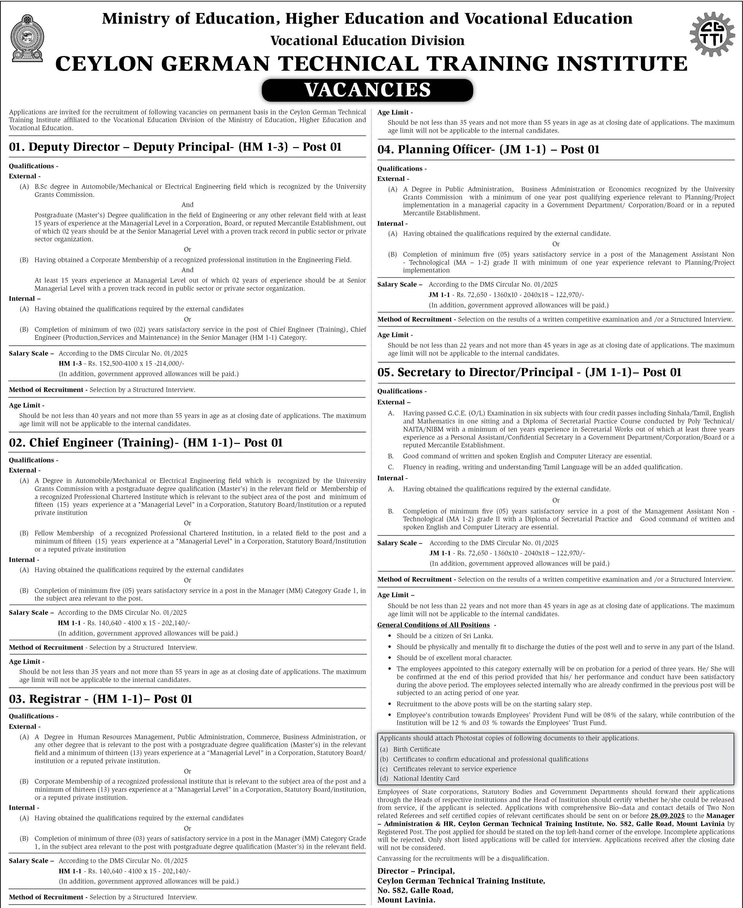 Deputy Director, Deputy Principal, Chief Engineer - Ceylon German Technical Training Institute