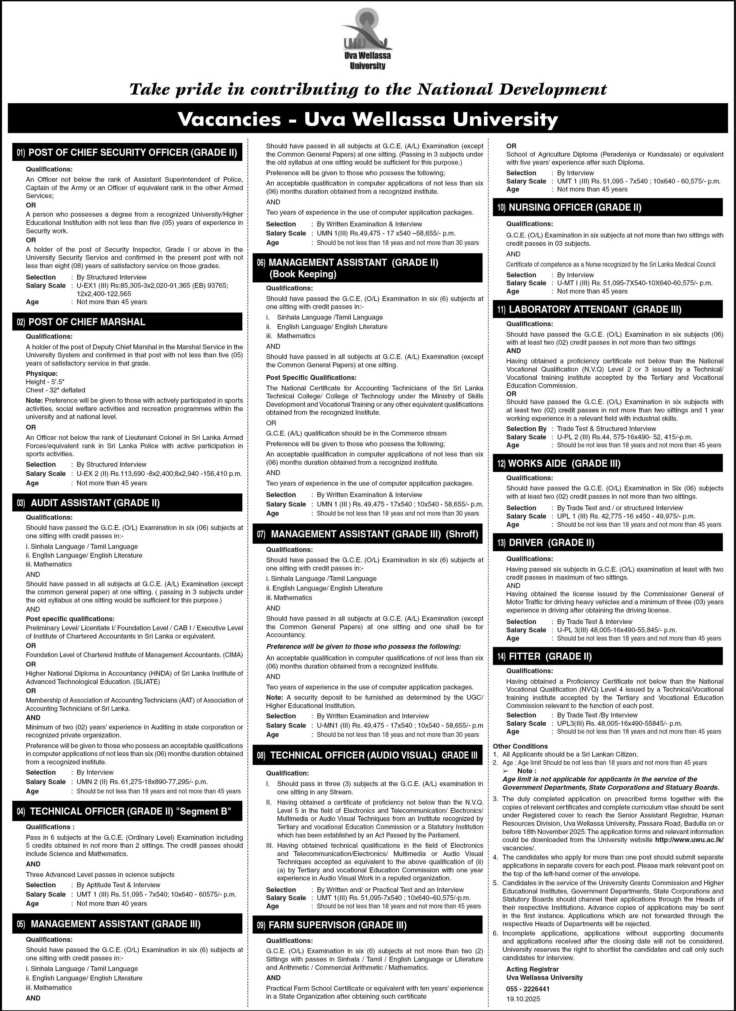 Chief Security Officer, Management Assistant, Audit Assistant - Uva Wellassa University