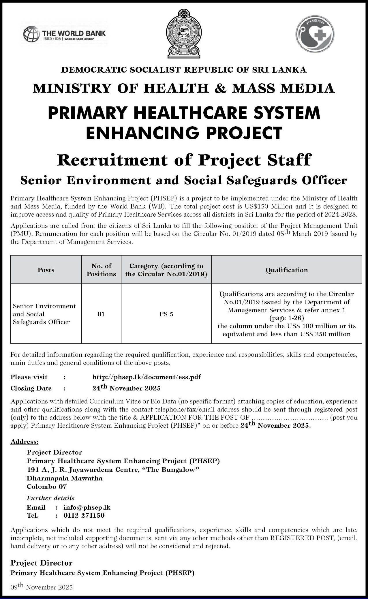 Senior Environment and Social Safeguards Officer - Ministry of Health