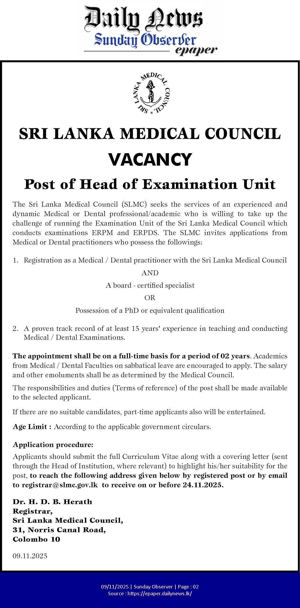 Head of Examination Unit - Sri Lanka Medical Council