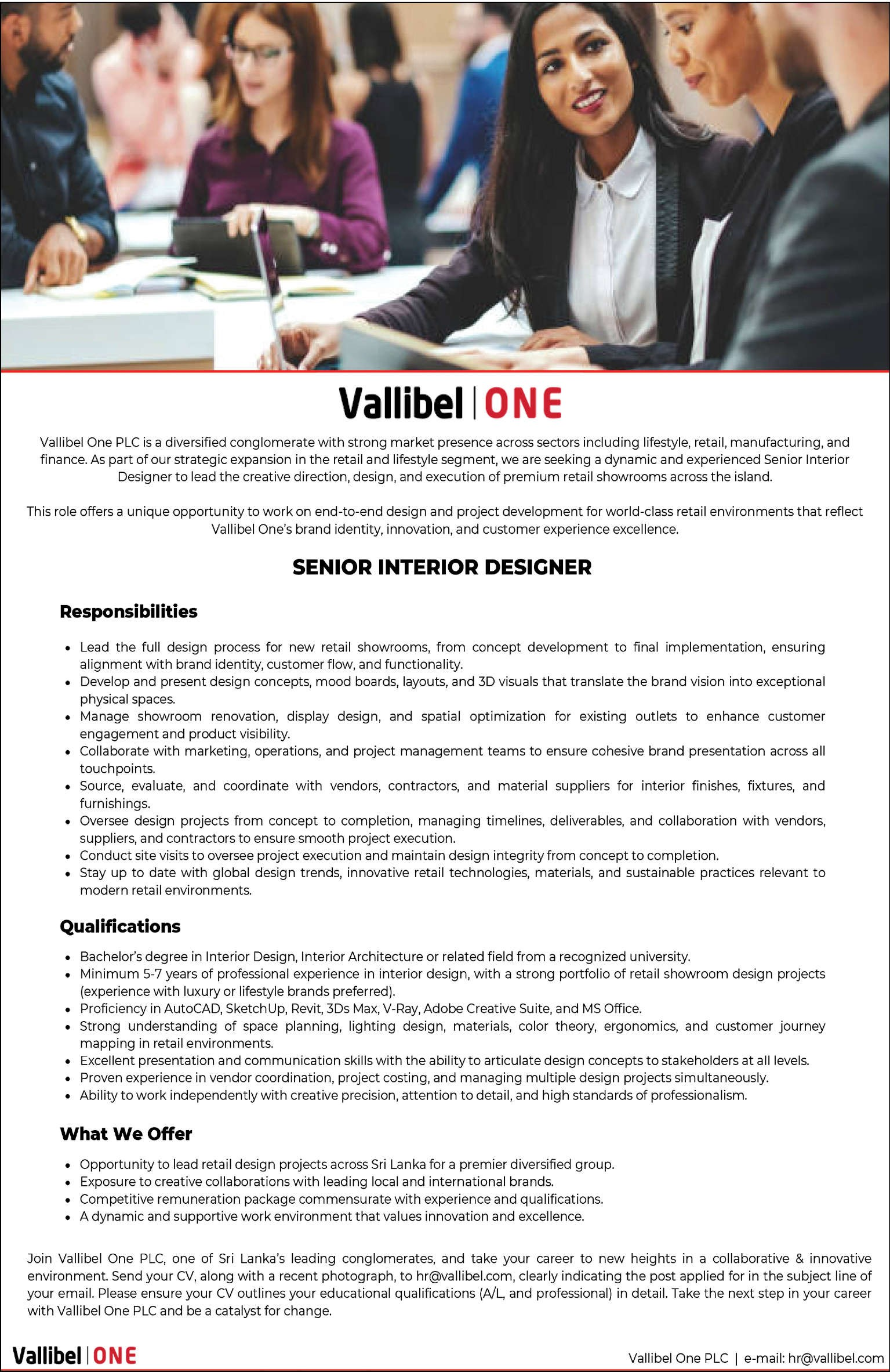 Senior Interior Designer - Vallibel One PLC