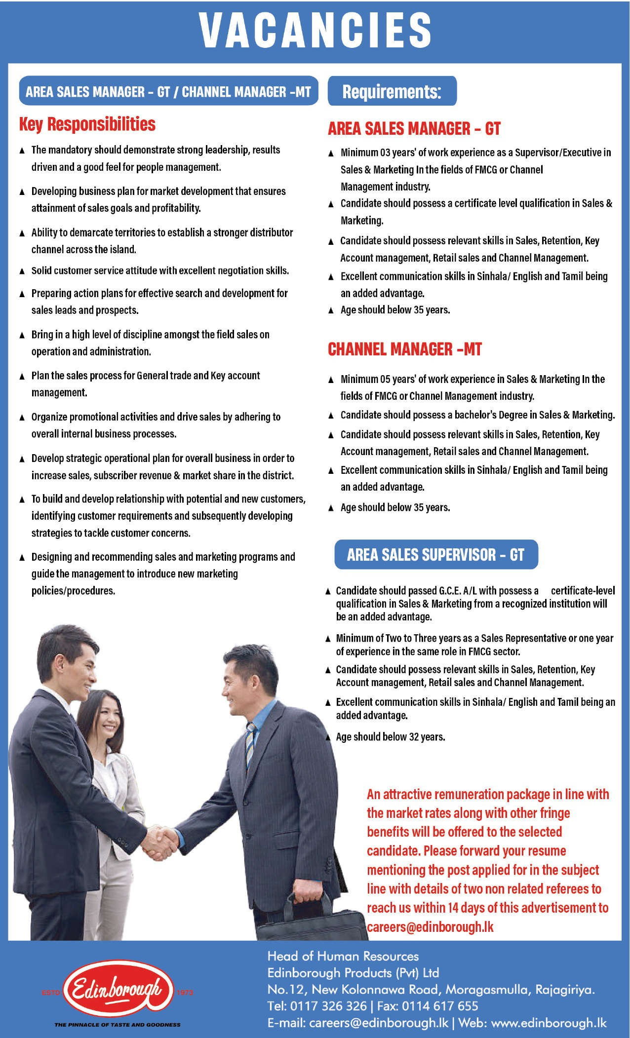 Area Sales Manager, Channel manager, Area Sales Supervisor - Edinborough Products (Pvt) Ltd