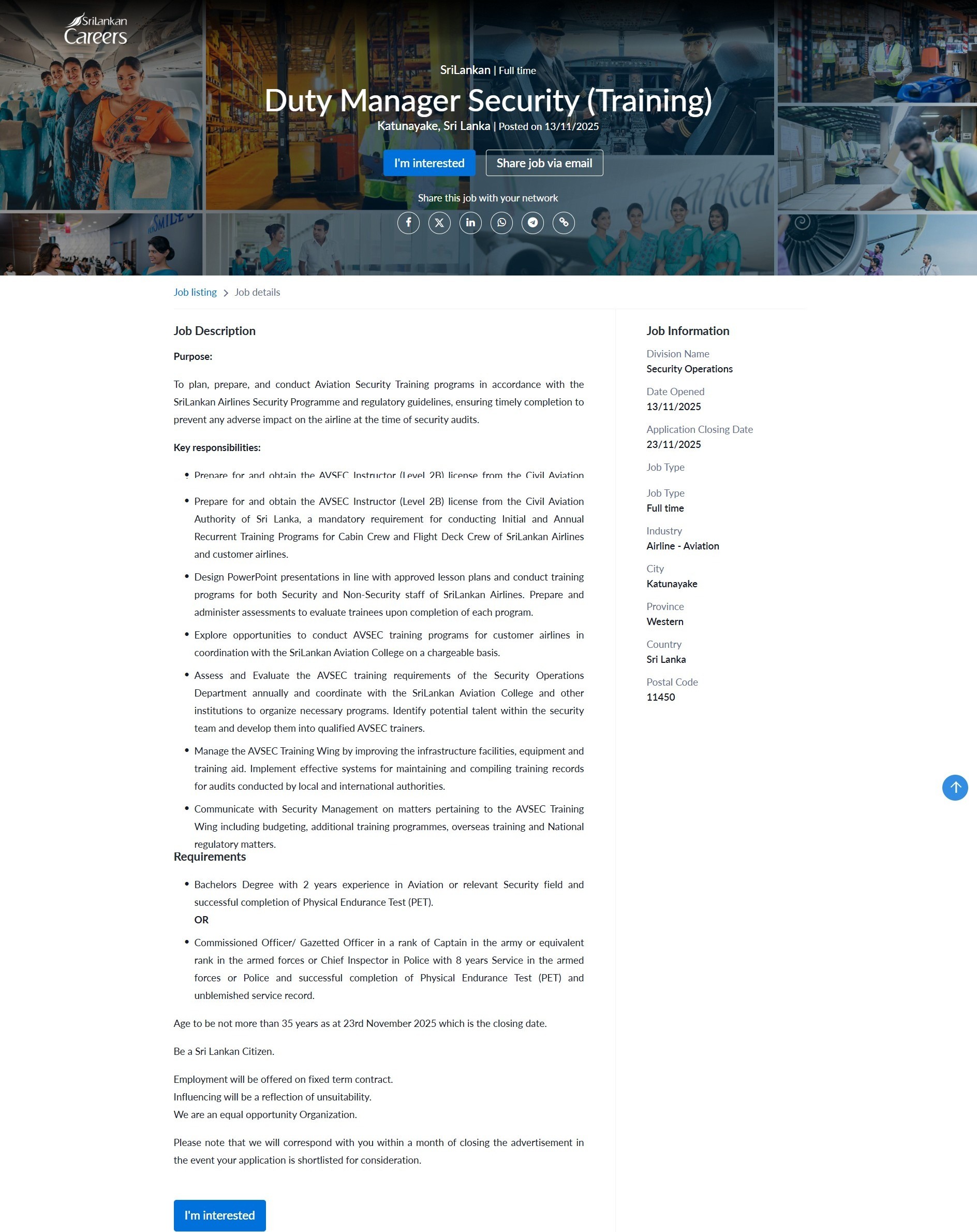 Duty Manager Security - SriLankan Airlines