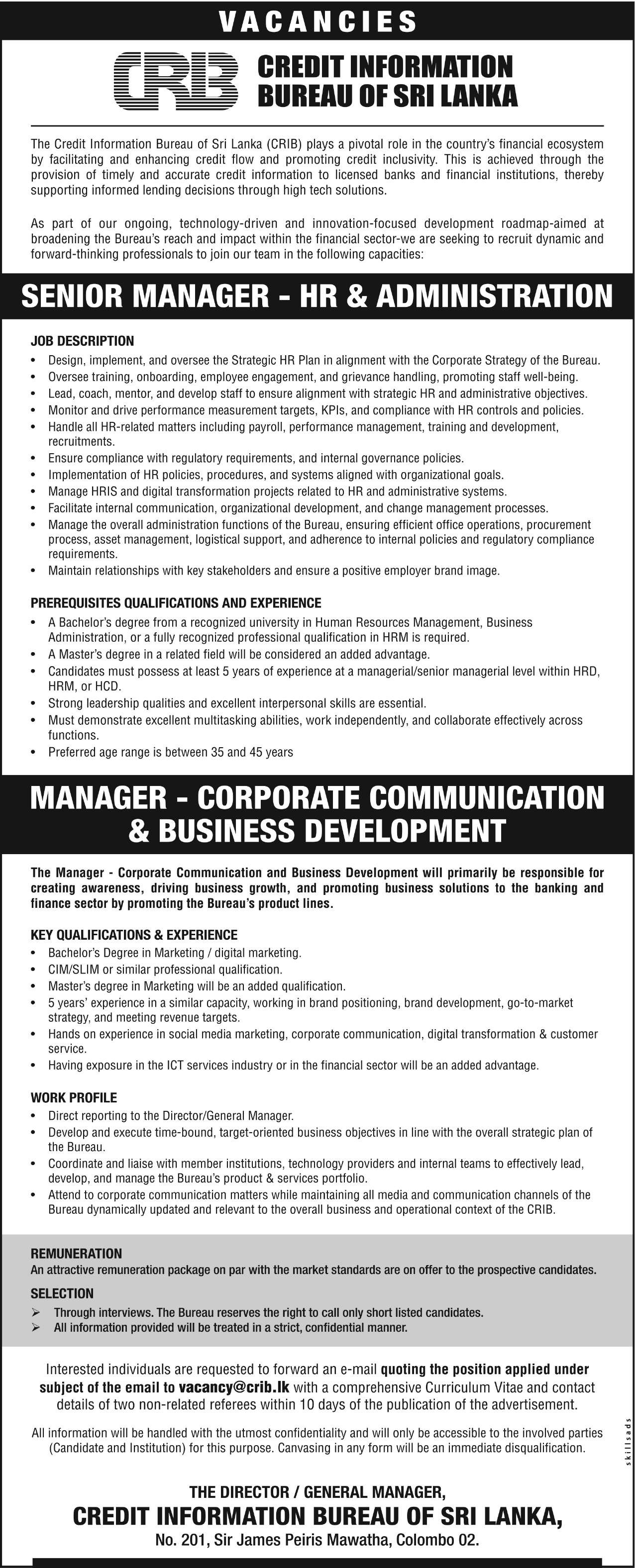 Manager, Senior Manager - Credit Information Bureau of Sri Lanka