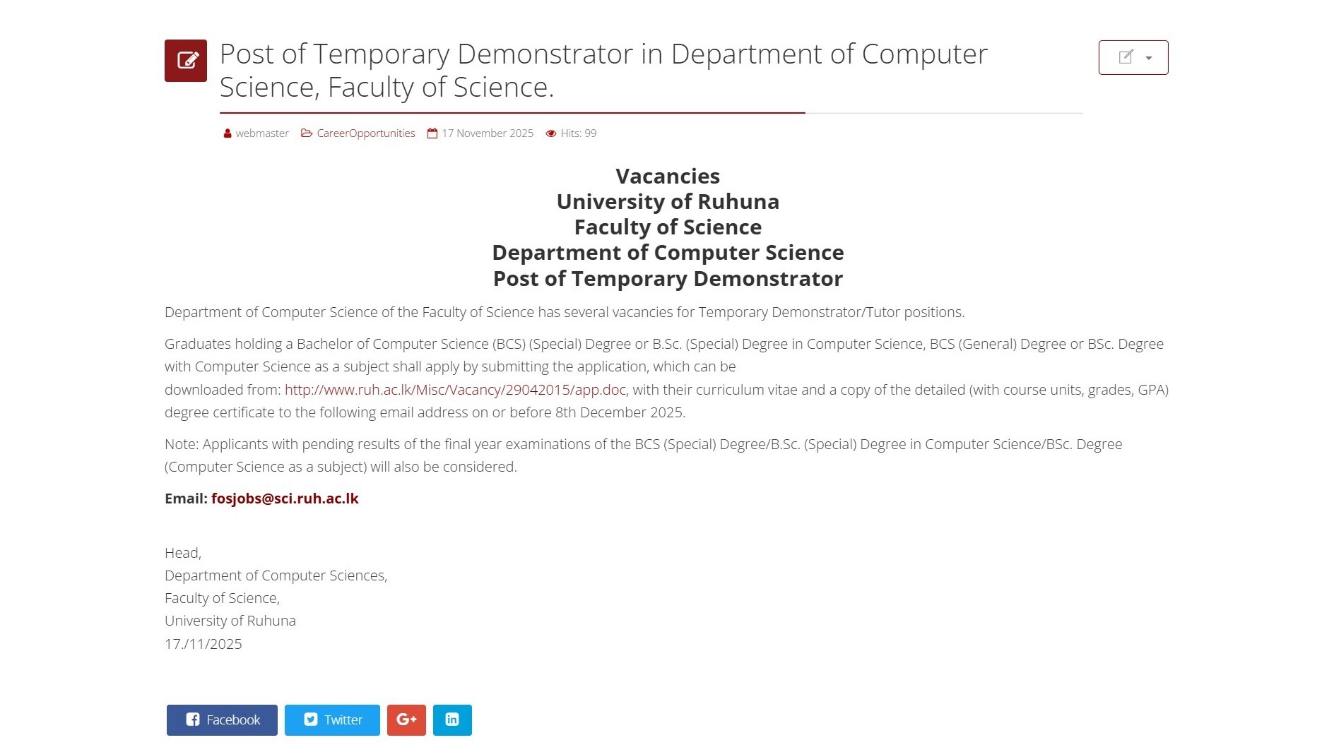 Demonstrator - University of Ruhuna