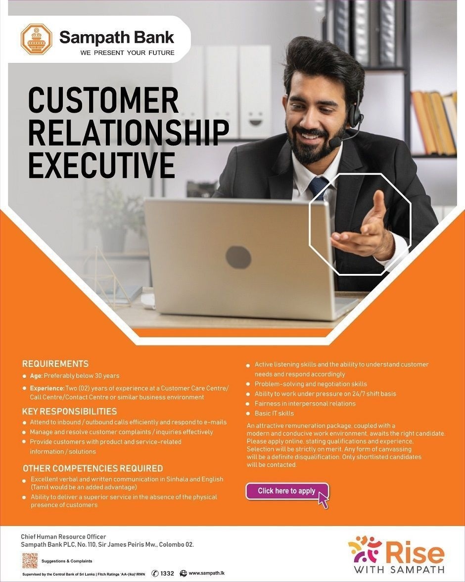 Customer Relationship Executive - Sampath Bank
