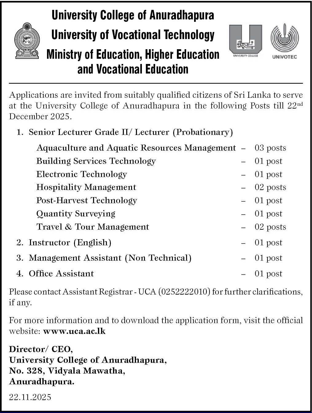 Management Assistant, Senior Lecturer, Instructor - University College Anuradhapura