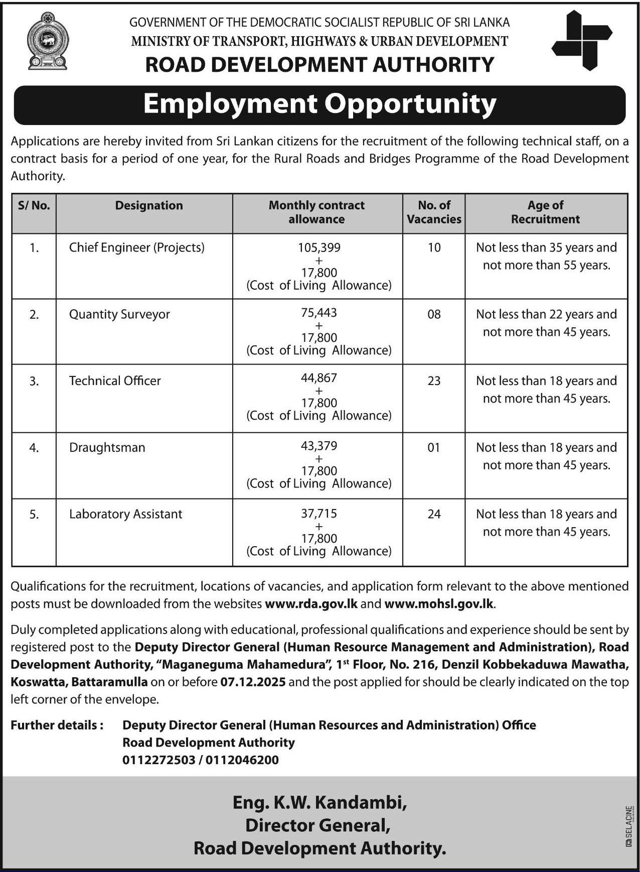 Technical Officer, Laboratory Assistant, Draughtsman - Road Development Authority