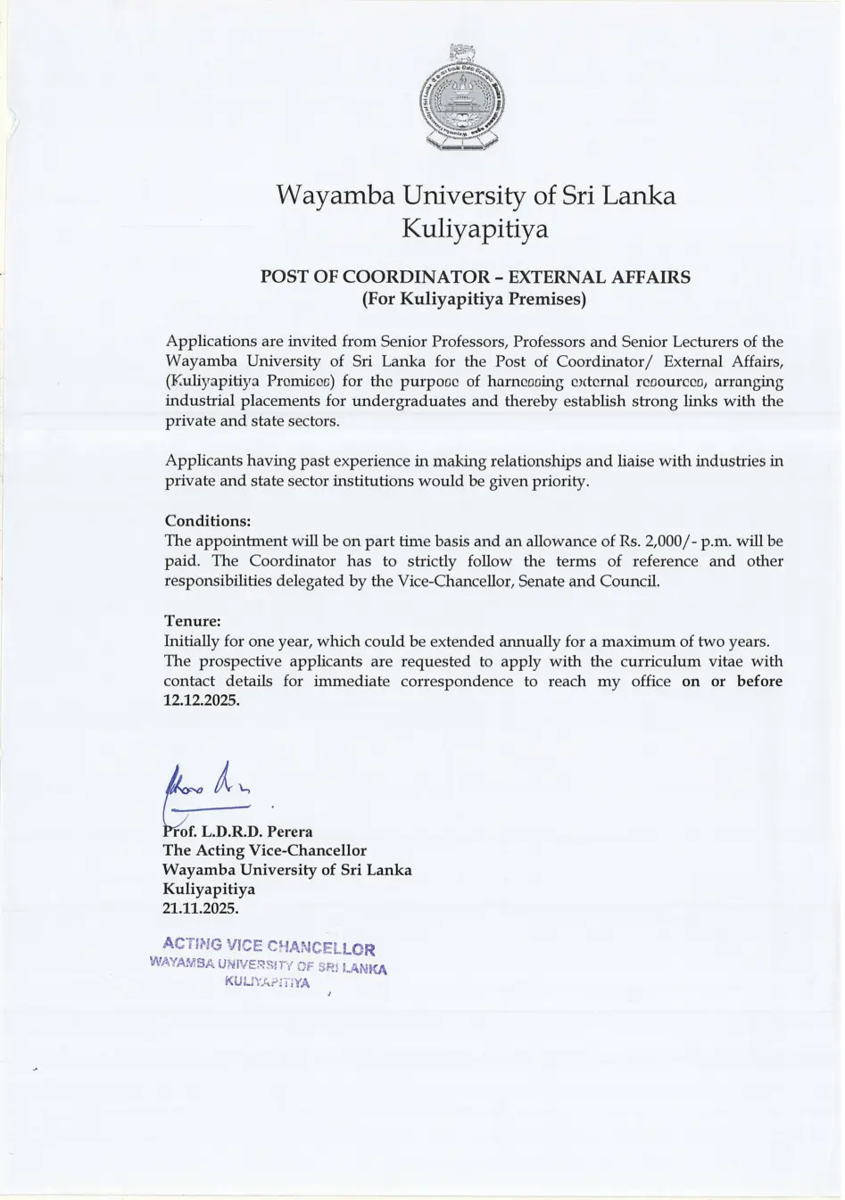 Coordinator - Wayamba University