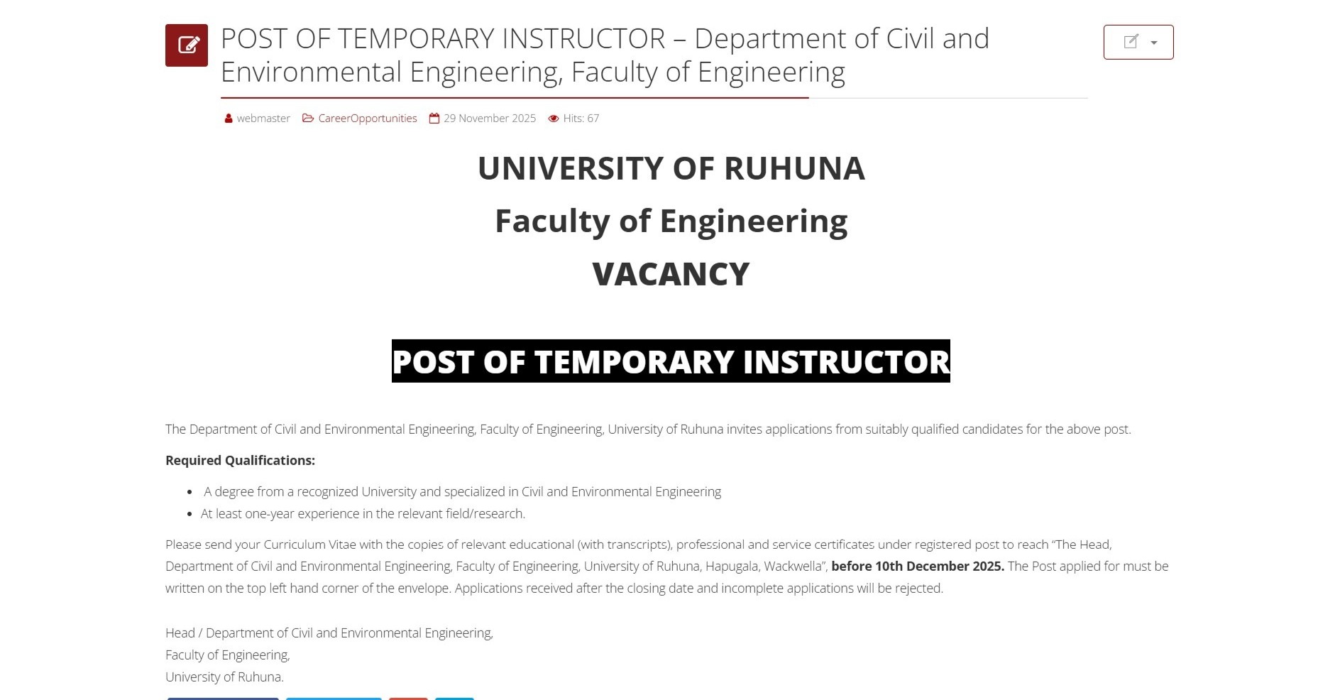 Instructor - University of Ruhuna