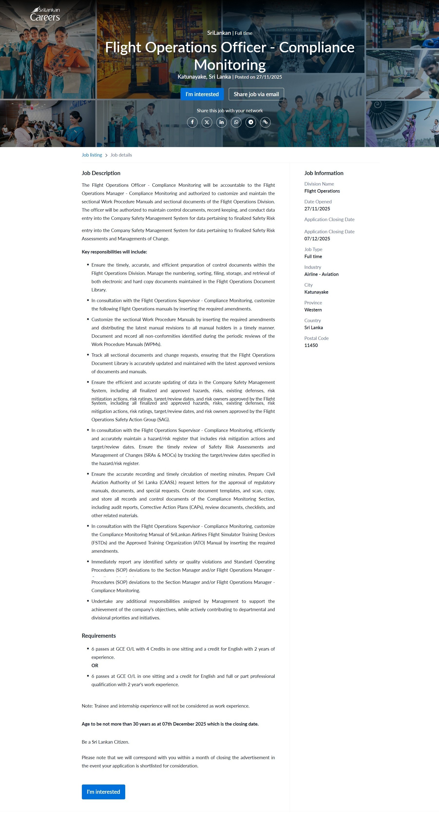 Flight Operations Officer - SriLankan Airlines