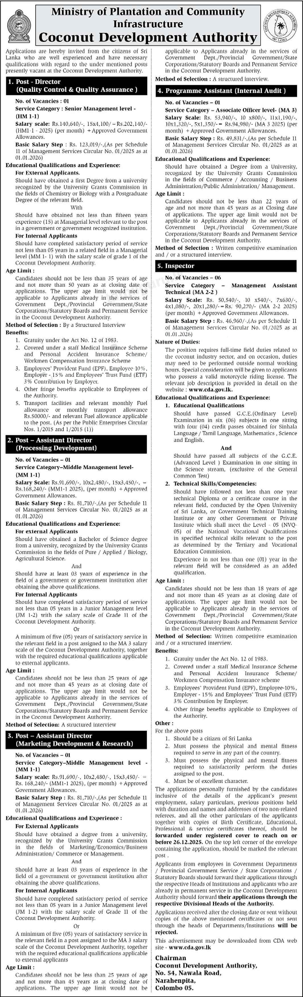 Director, Assistant Director, Programme Assistant - Coconut Development Authority