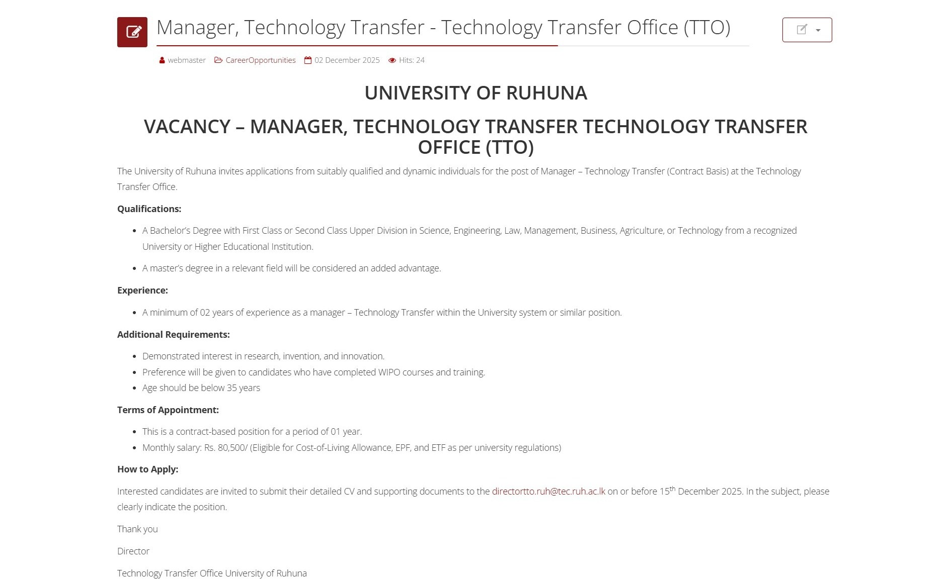 Manager - University of Ruhuna