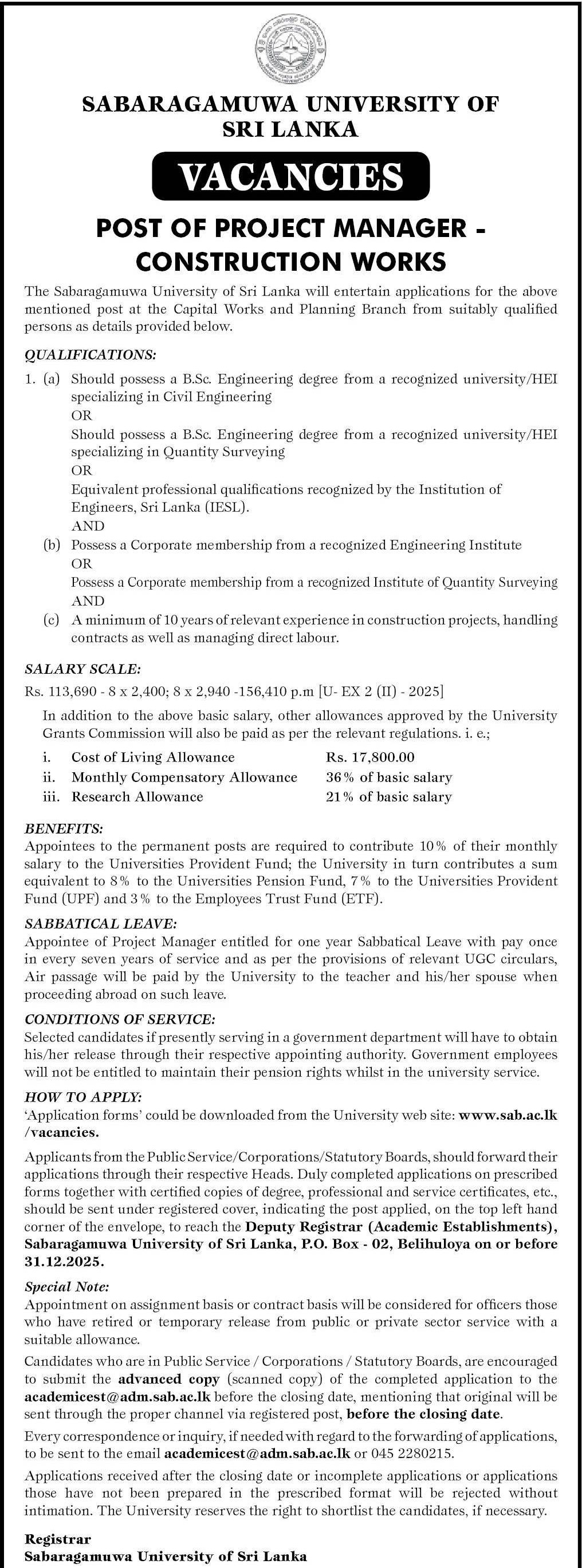 Project Manager - Sabaragamuwa University