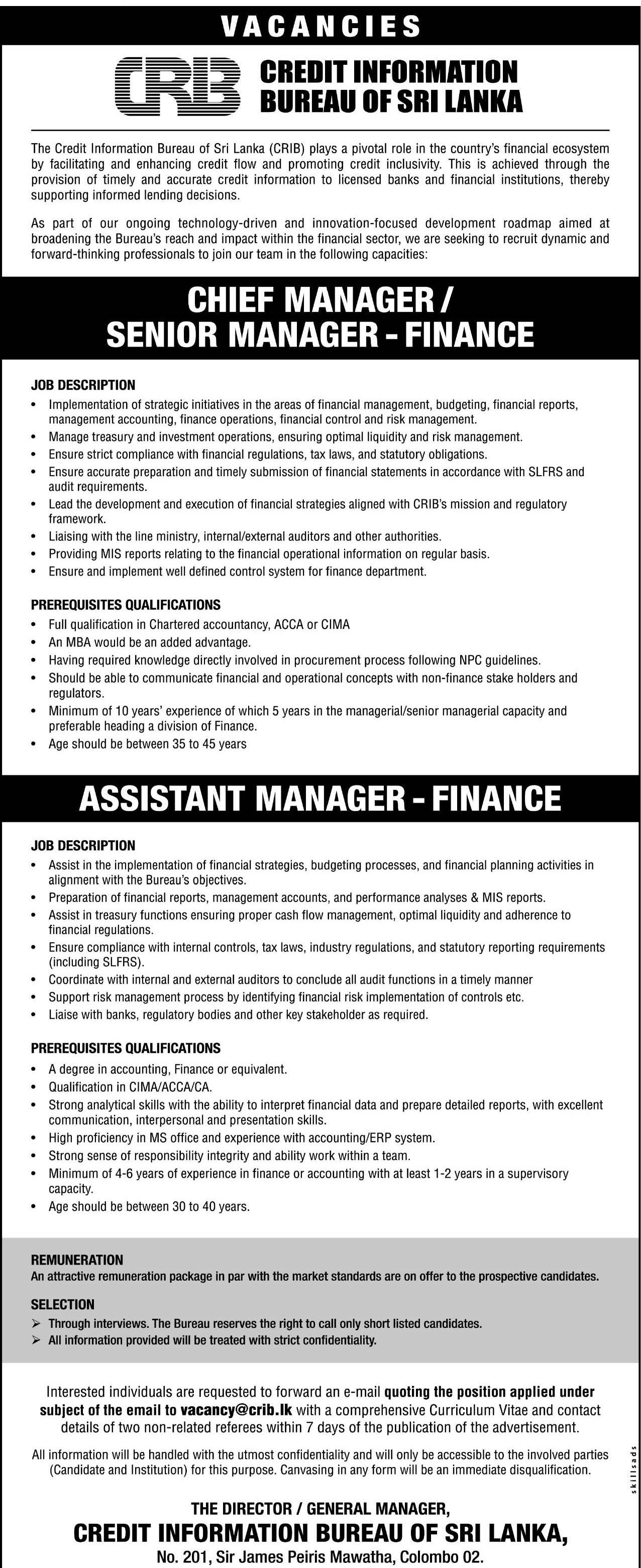 Senior Manager, Assistant Manager - Credit Information Bureau of Sri Lanka