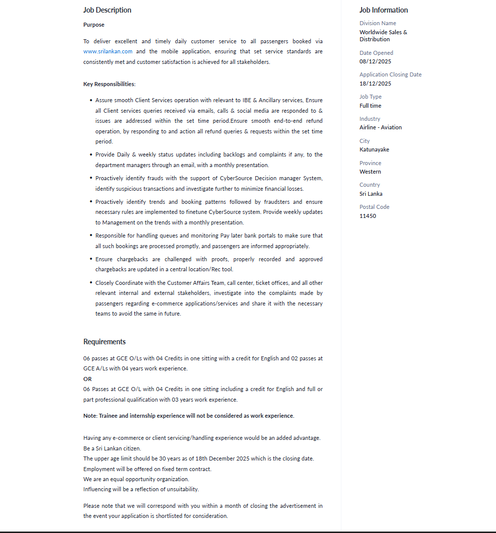 Client Services Supervisor - Sri Lankan Airlines