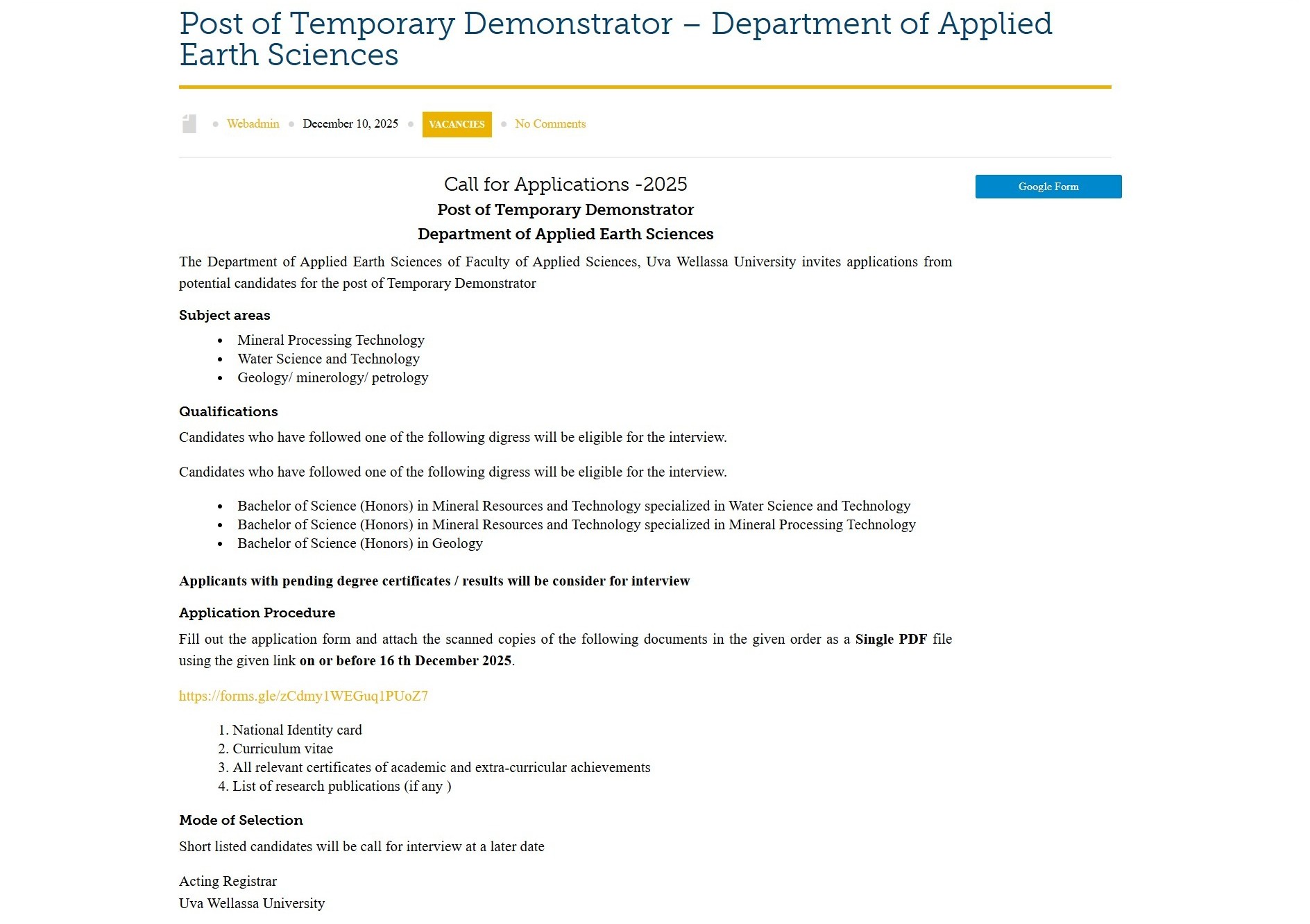 Demonstrator - Uva Wellassa University