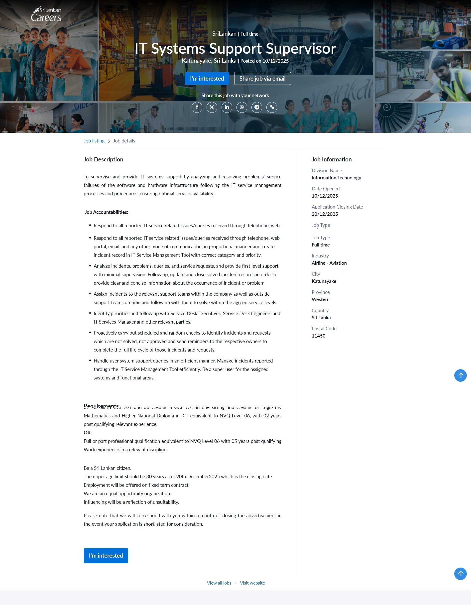 IT System Support Supervisor - SriLankan Airlines