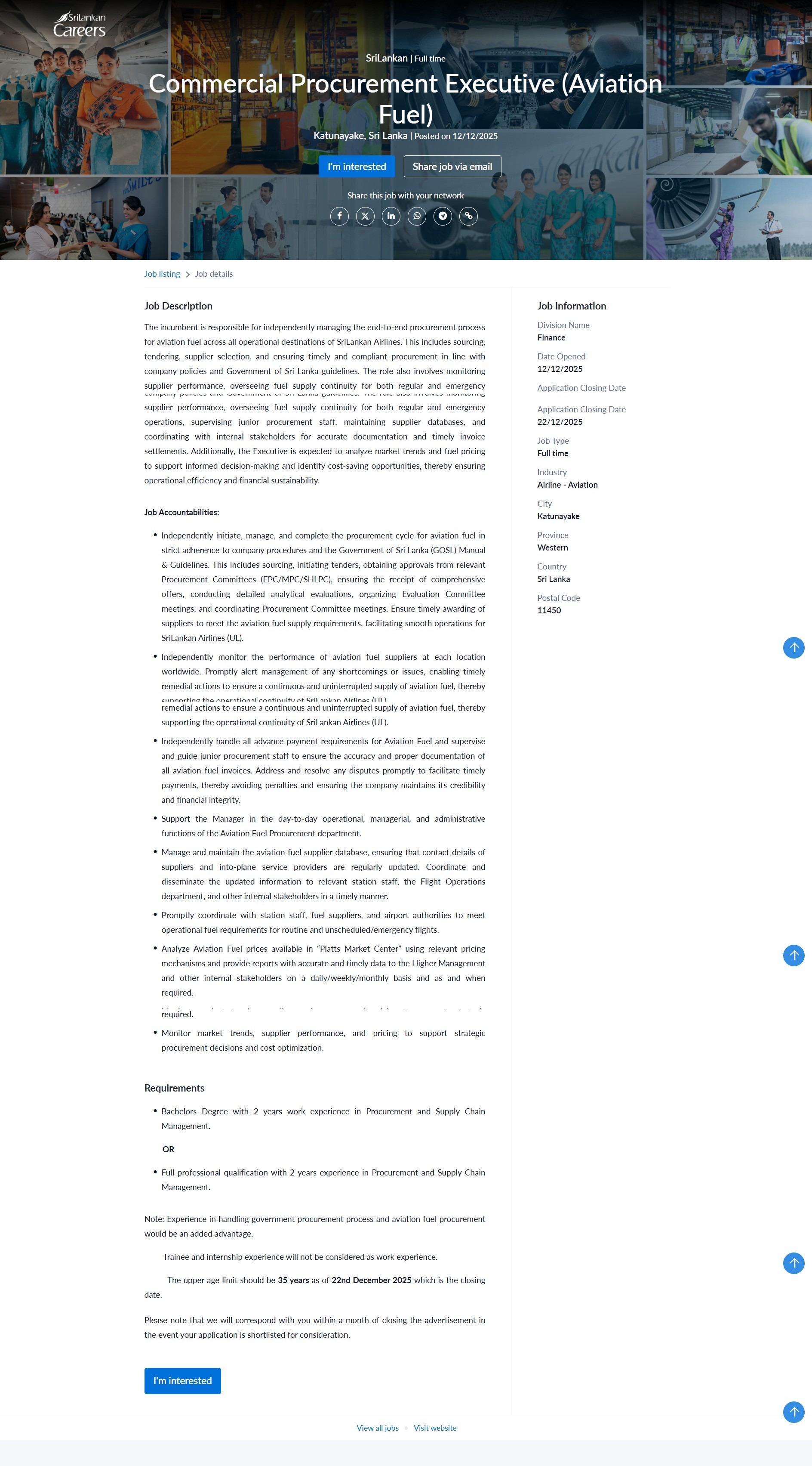 Commercial Procurement Executive - SriLankan Airlines