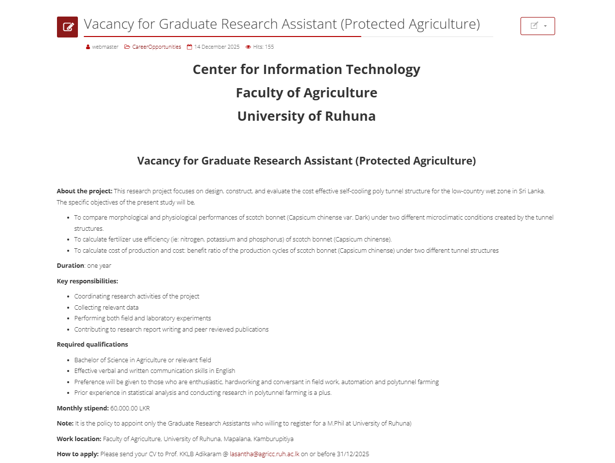 Research Assistant - University of Ruhuna