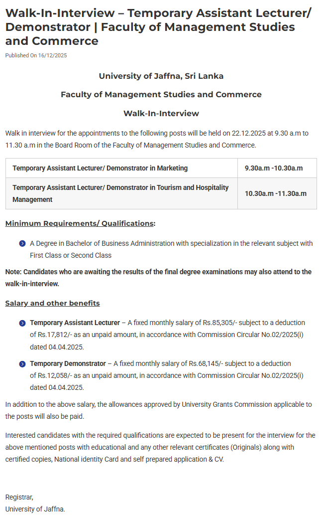 Assistant Lecturer, Demonstrator - University of Jaffna