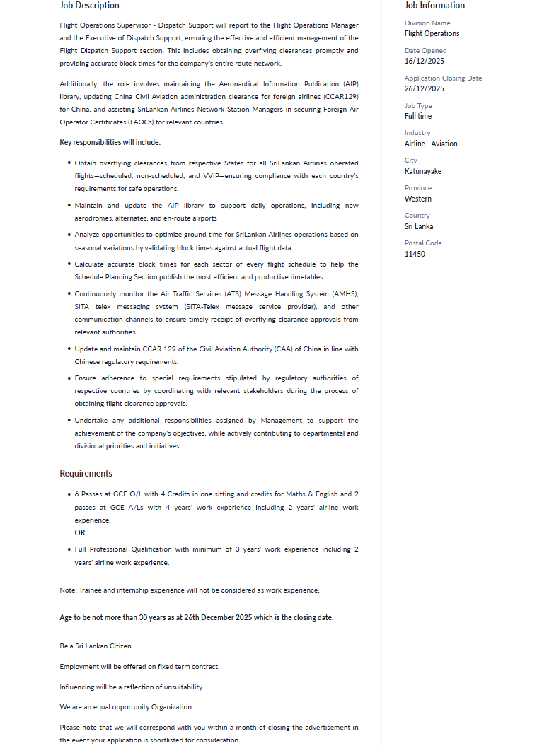 Flight Operations Supervisor - SriLankan Airlines