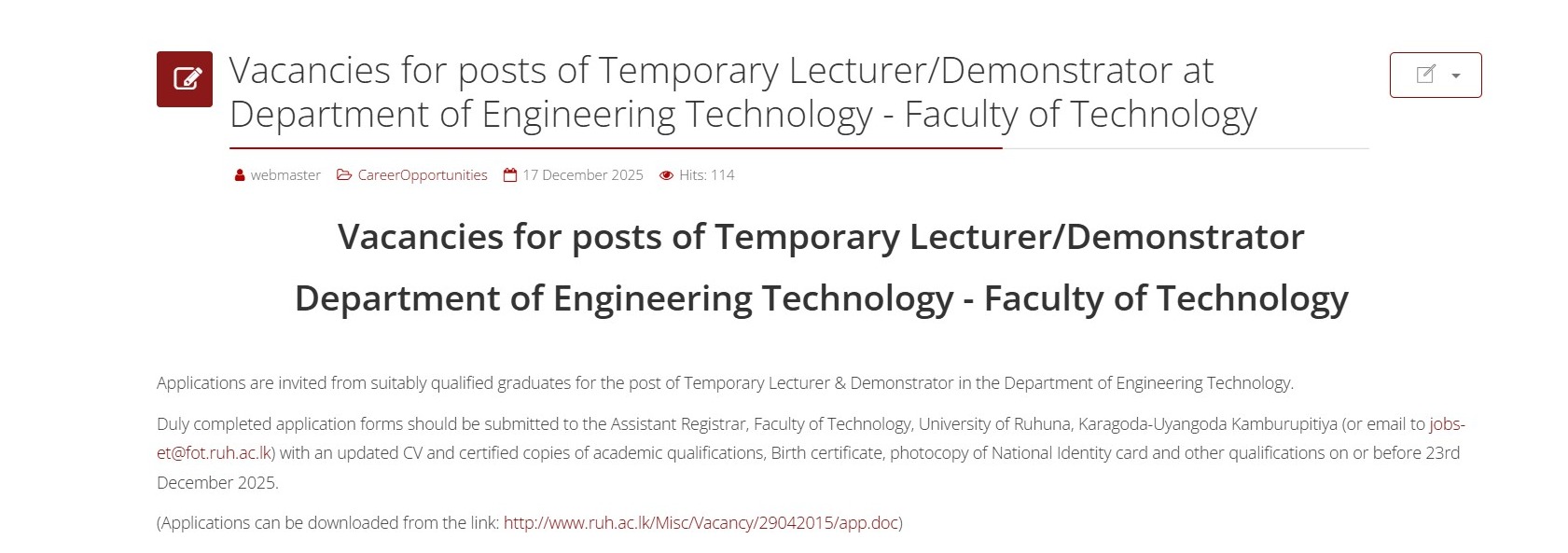 Lecturer, Demonstrator - University of Ruhuna
