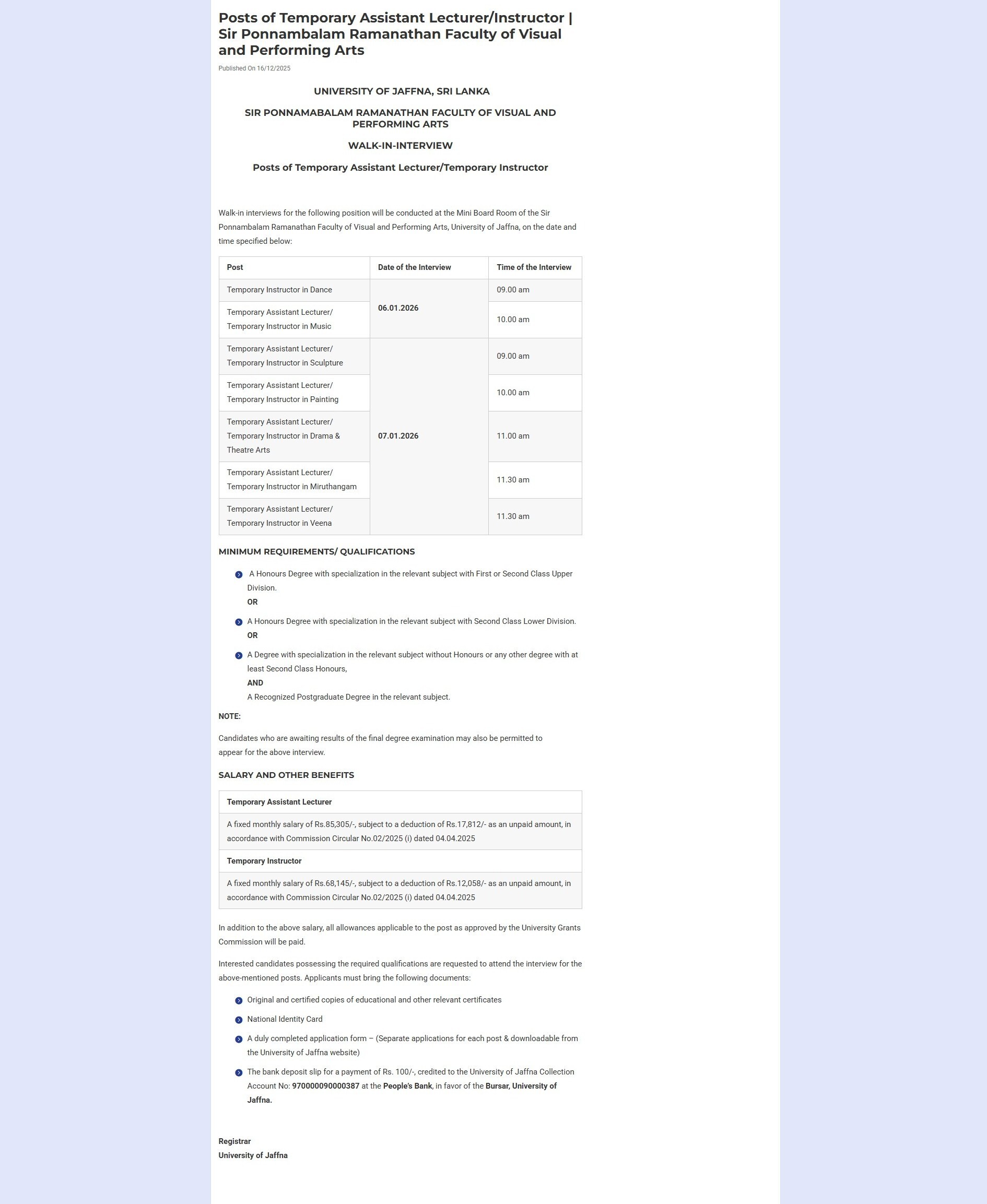 Assistant Lecturer, Instructor - University of Jaffna