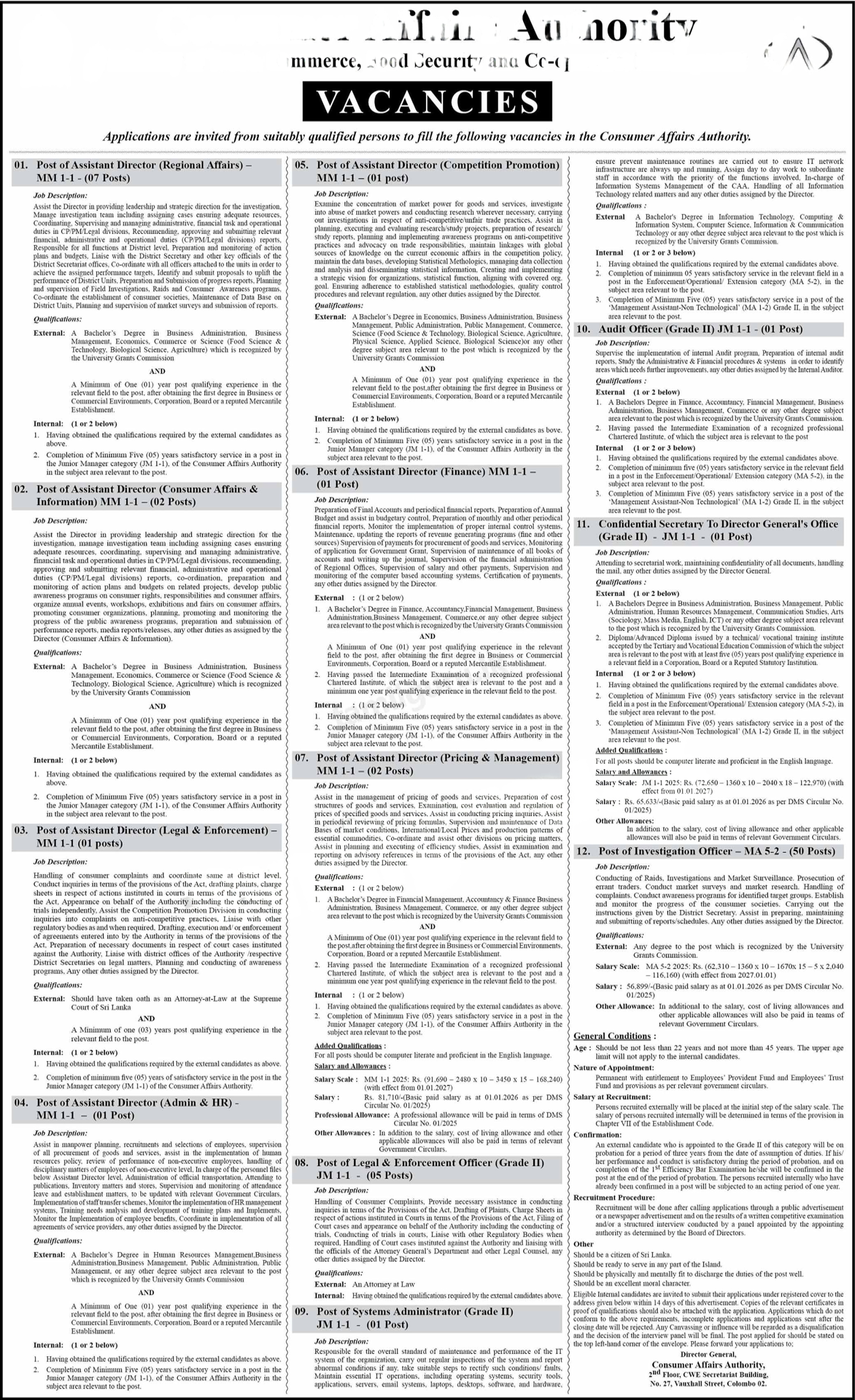 Investigation Officer, Assistant Director, Audit Officer - Consumer Affairs Authority