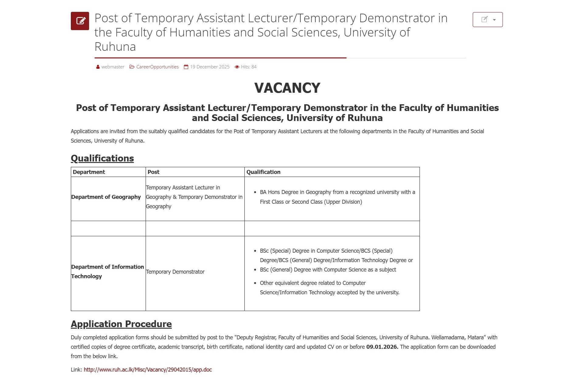 Assistant Lecturer, Demonstrator - University of Ruhuna