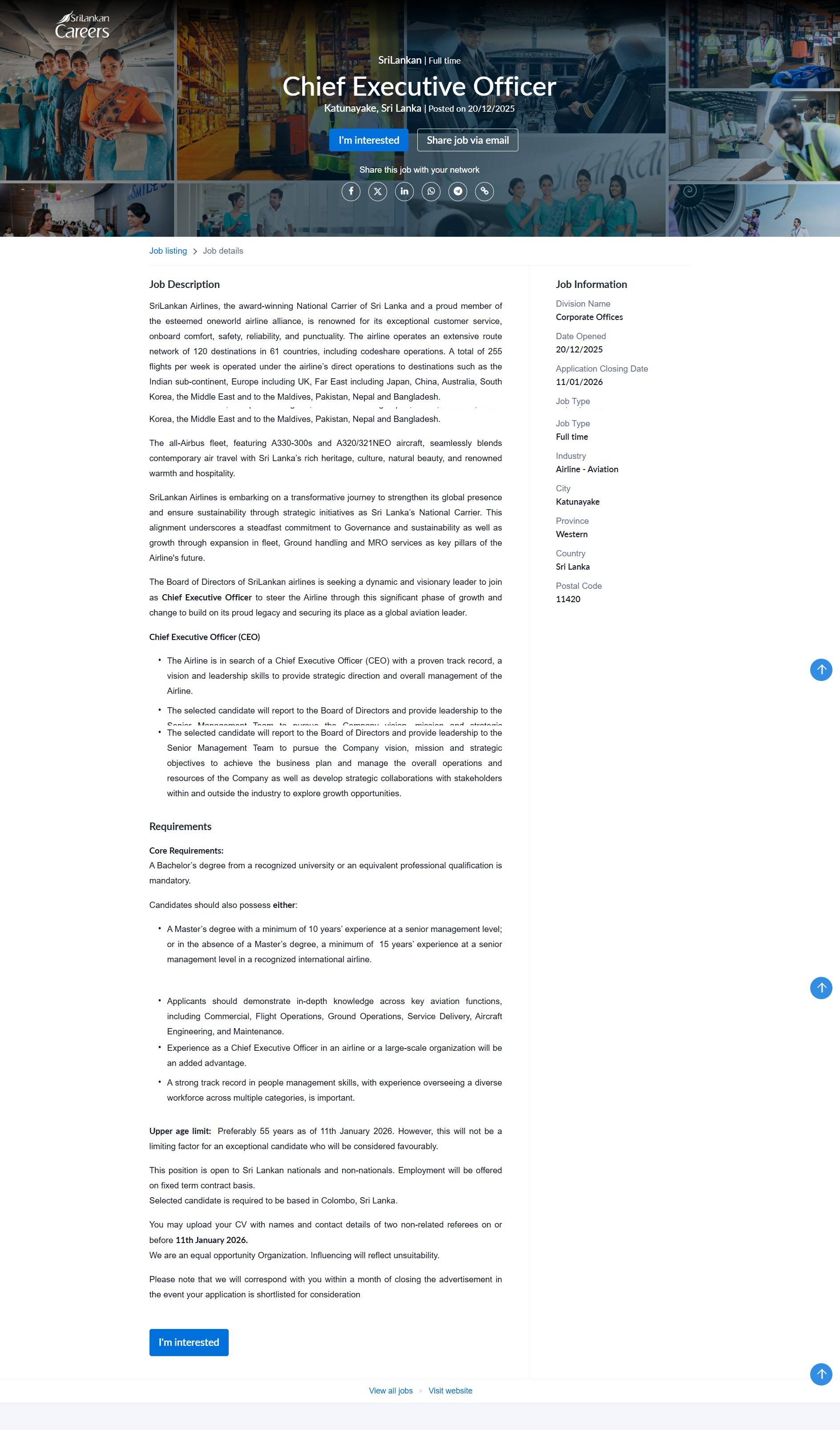 Chief Executive Officer - SriLankan Airlines