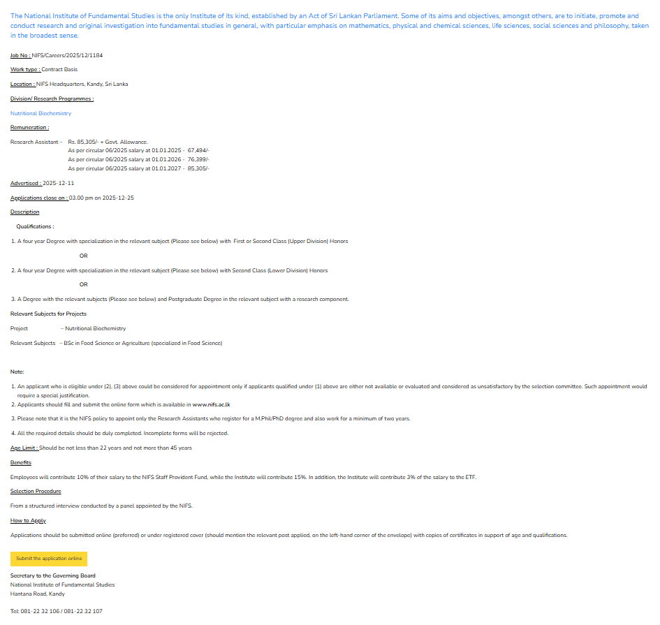 Research Assistant - National Institute of Fundamental Studies