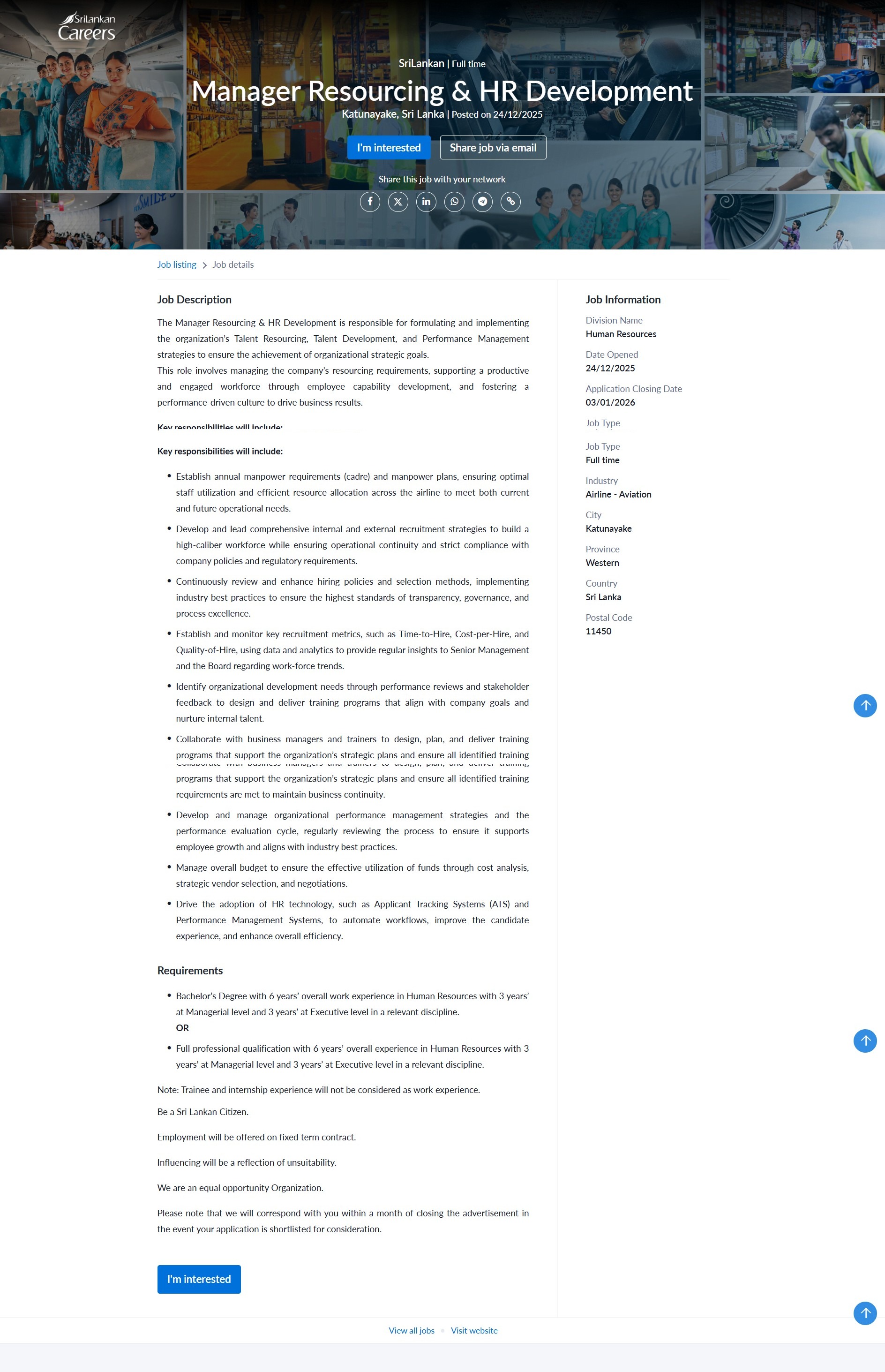 Manager Resourcing & HR Development - SriLankan Airlines