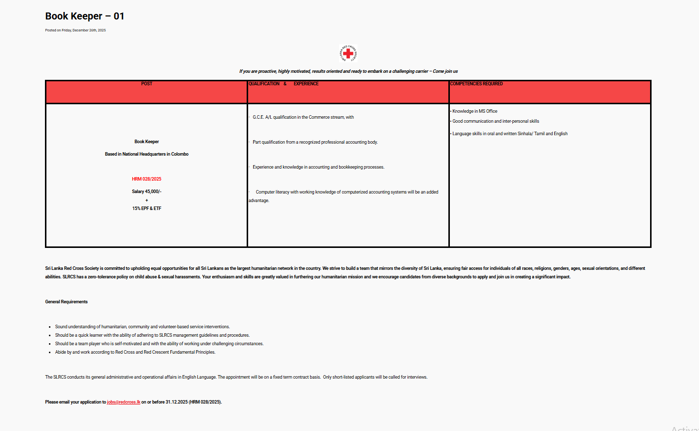 Book Keeper - Sri Lanka Red Cross Society