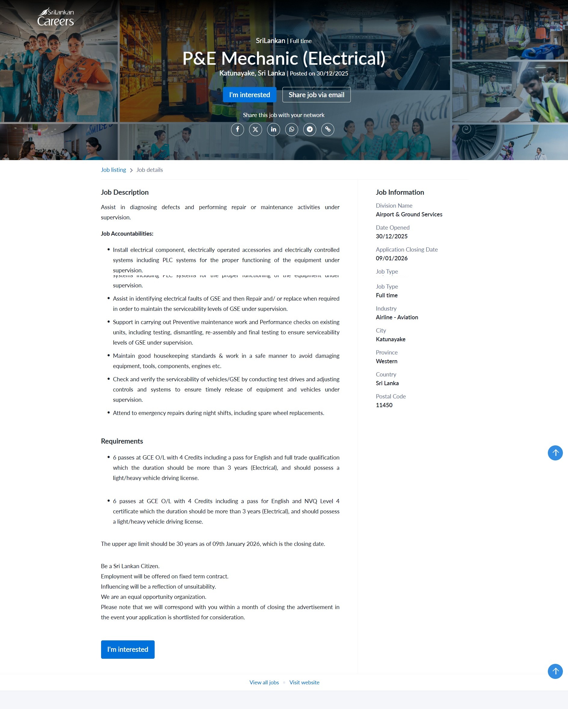 P&E Mechanic (Electrical) - SriLankan Airlines