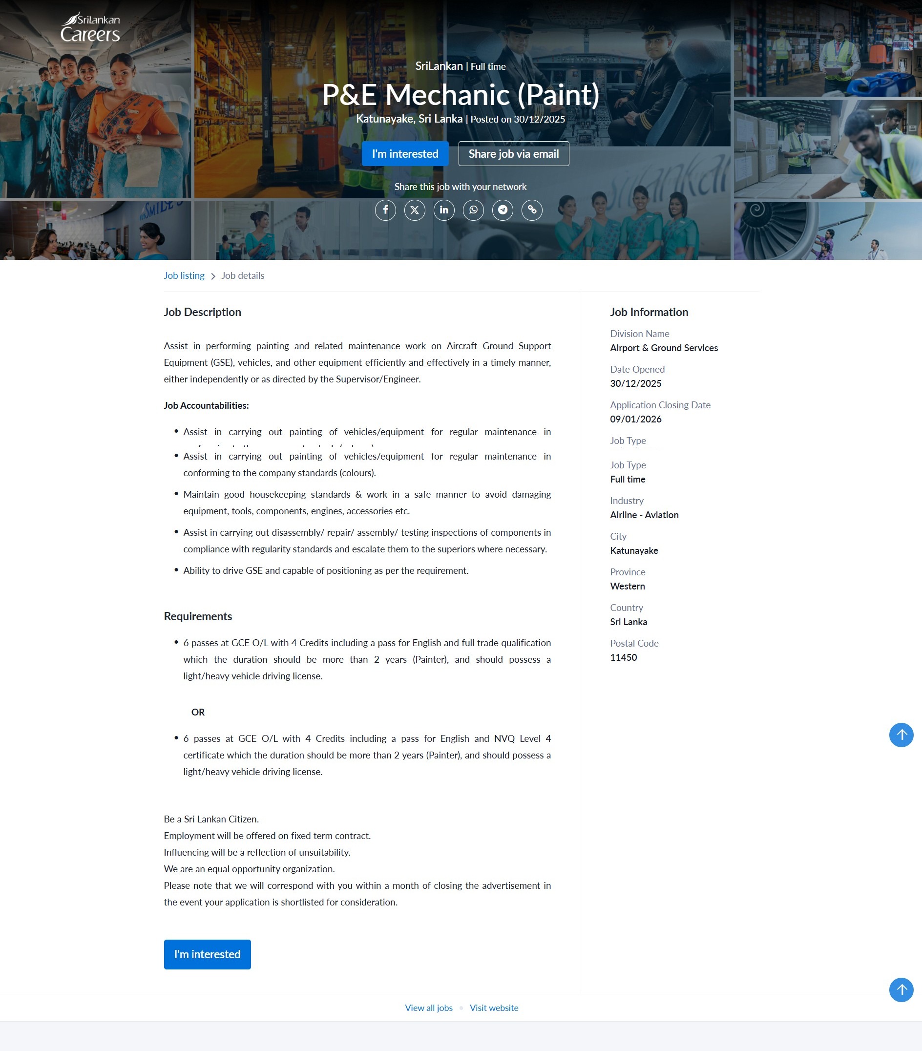 P&E Mechanic (Paint) - SriLankan Airlines