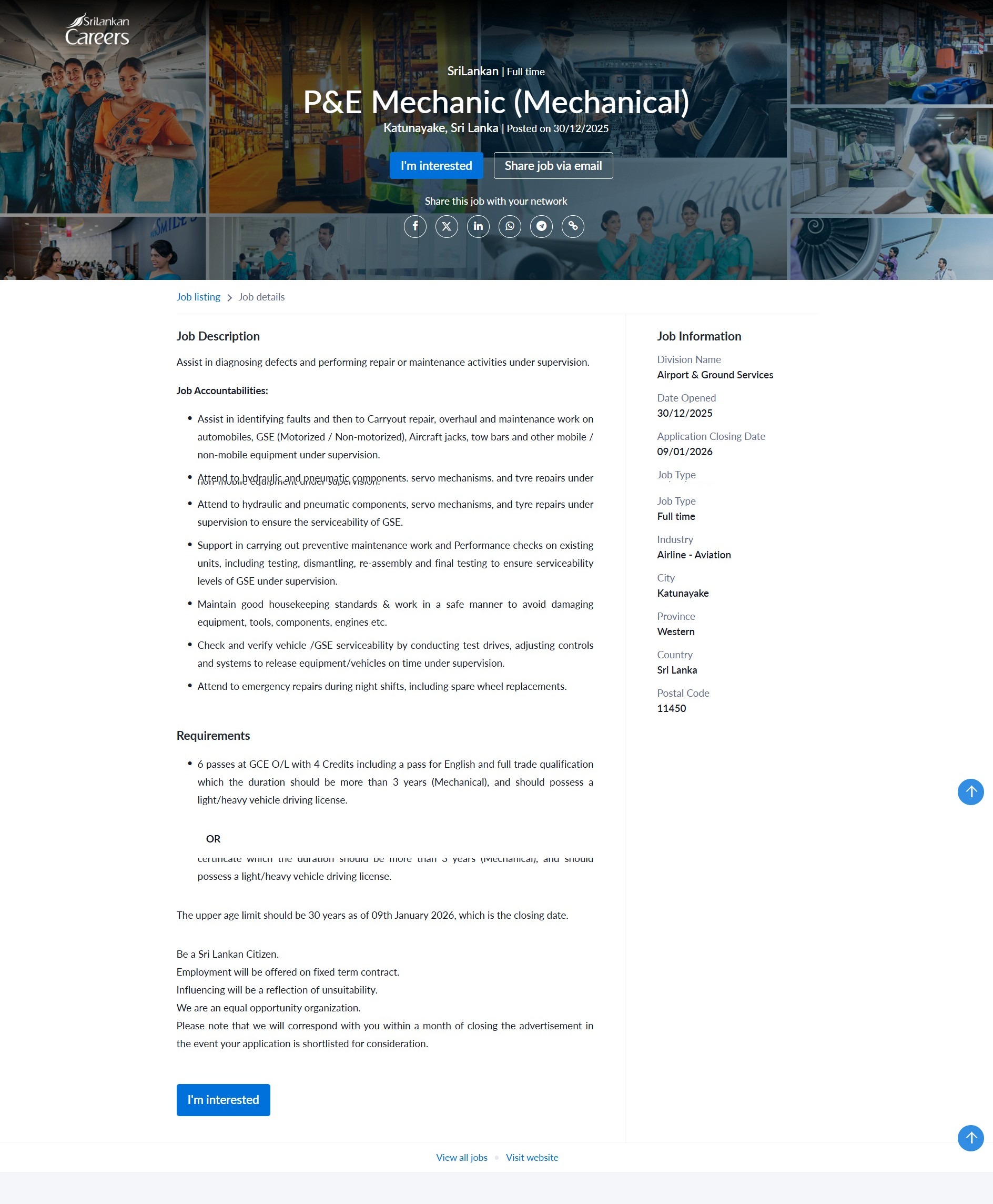 P&E Mechanic (Mechanical) - SriLankan Airlines