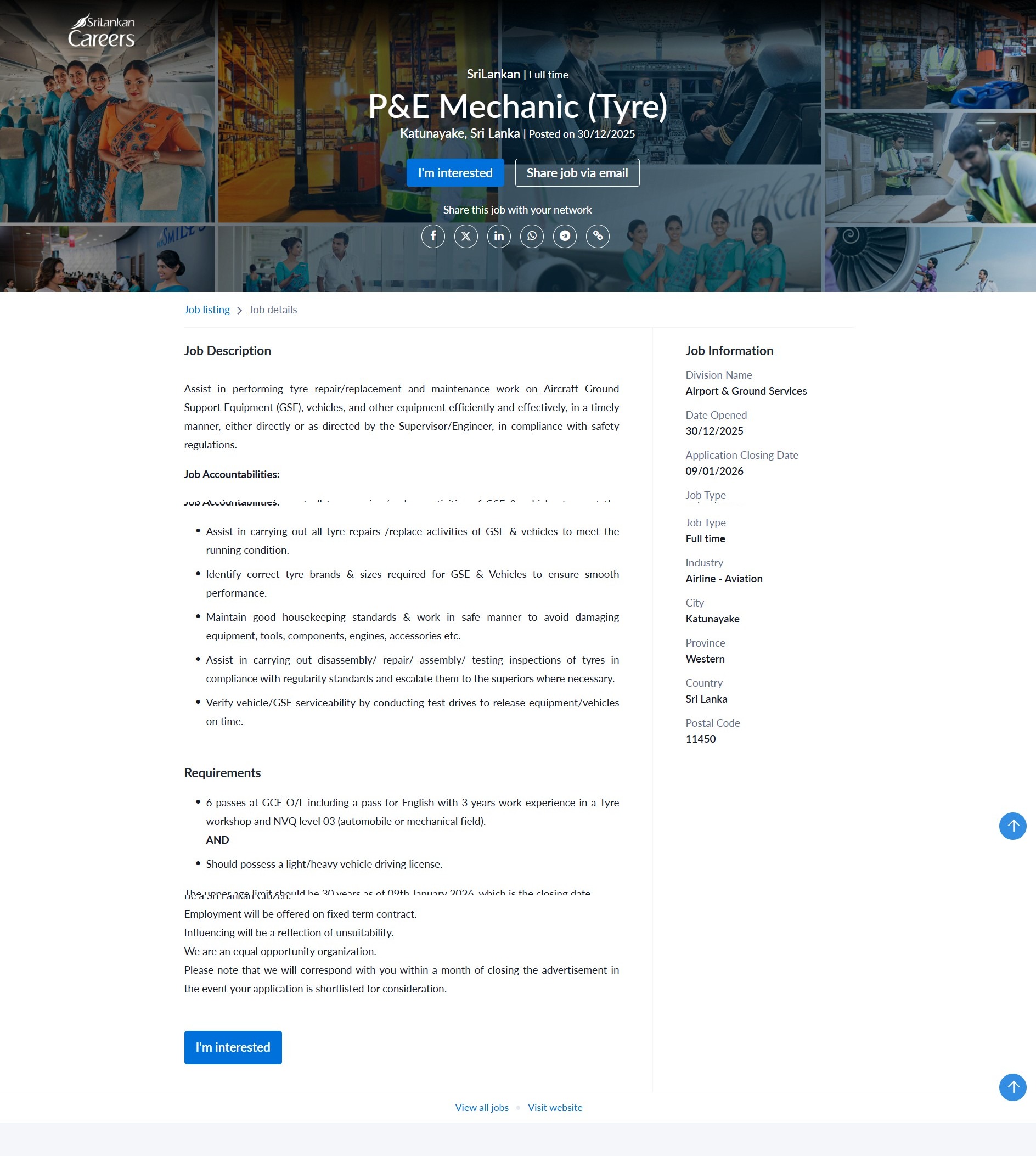 P&E Mechanic (Tyre) - SriLankan Airlines
