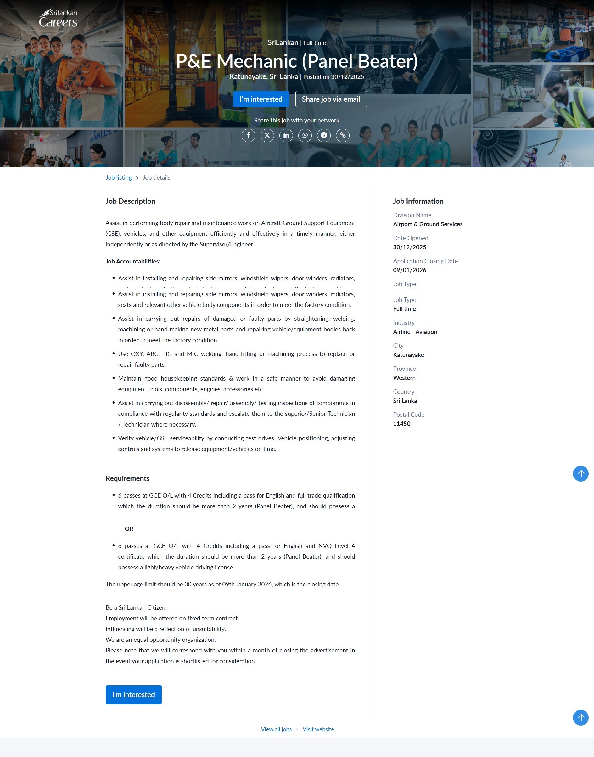 P&E Mechanic (Panel Beater) - SriLankan Airlines