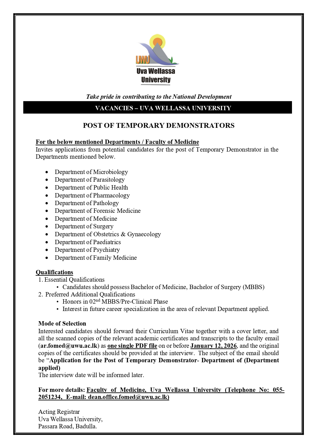 Demonstrator - Uva Wellassa University