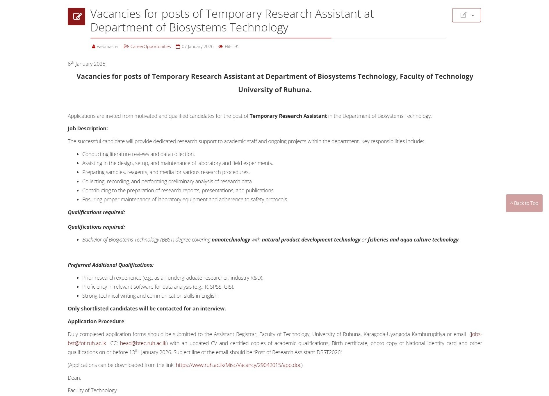 Research Assistant - University of Ruhuna