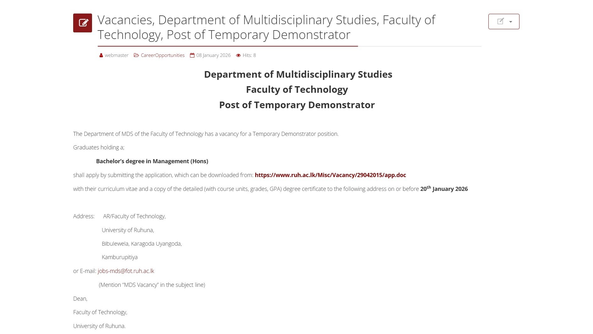 Demonstrator - University of Ruhuna