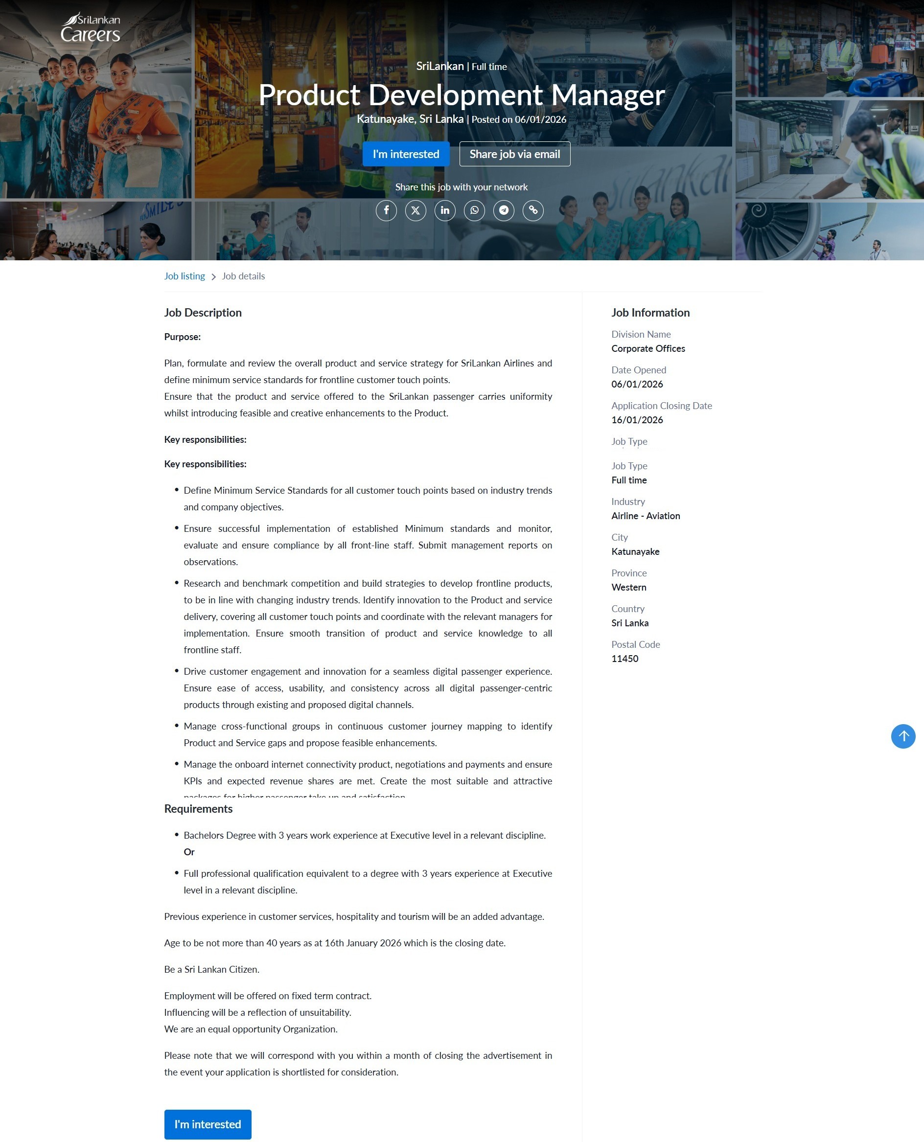 Product Development Manager - SriLankan Airlines