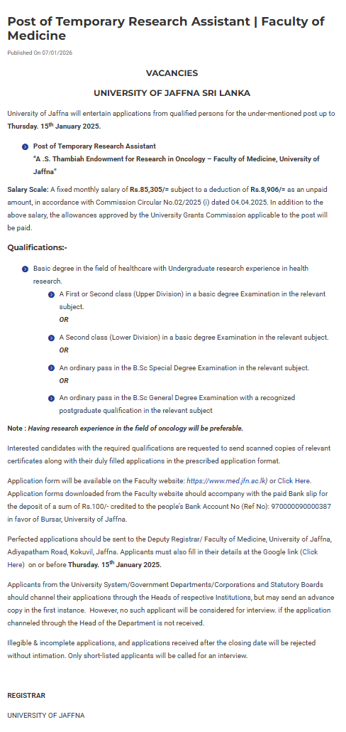 Research Assistant - University of Jaffna
